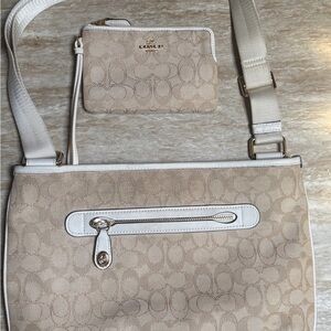 Coach Signature Beige Crossbody Bag + Wristlet Pouch Set